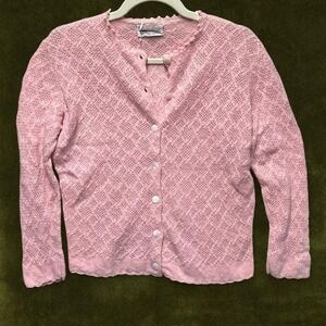 rue Vintage Rare 1950s Pink Lace Knit 100% Virgin Cashmere Cardigan Sweater - M